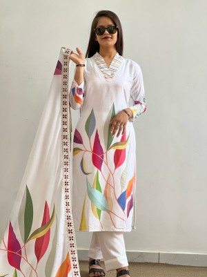 Digital print heavy embroidery lace border muslin cotton white top pant dupatta